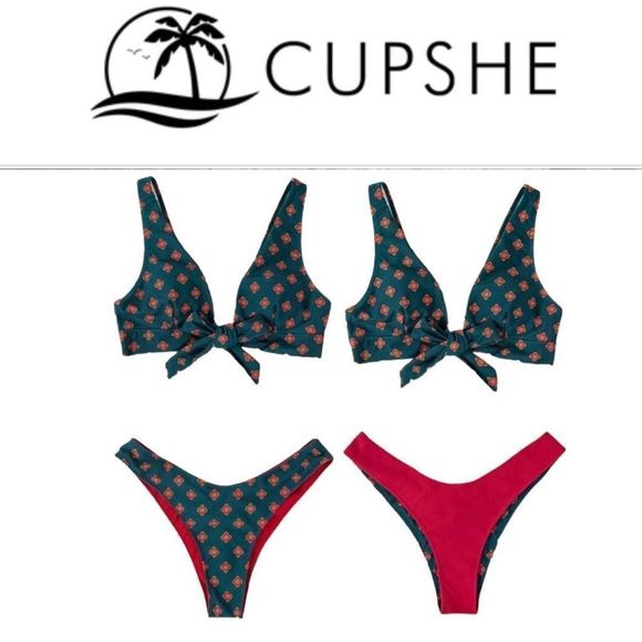 Cupshe Swim New Cupshered Teal Tie Front Bikini With Reversible